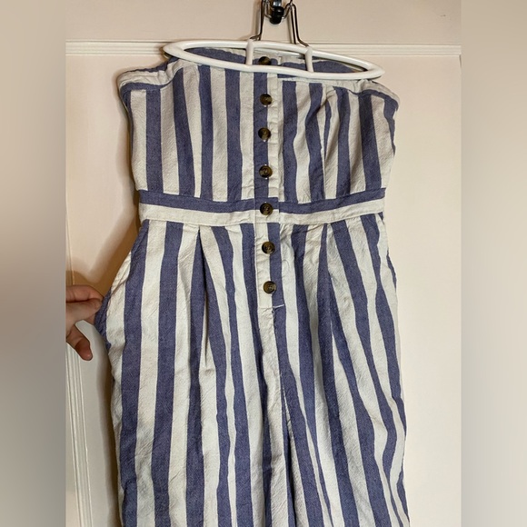 American Eagle Strapless Jumpsuit Blue White Striped Seersucker Tube Top Romper - Picture 2 of 14